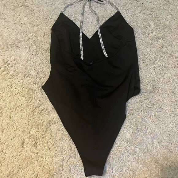 forever 21 black rhinestone open back bodysuit size medium - Picture 2 of 4